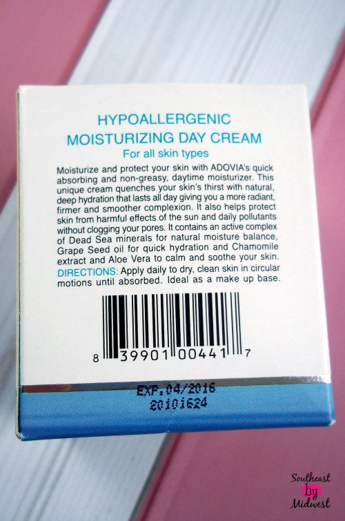 Adovia Moisturizing Day Cream Back of Box on southeastbymidwest.com #moisturizer #adovia #beauty #bblogger #skincare
