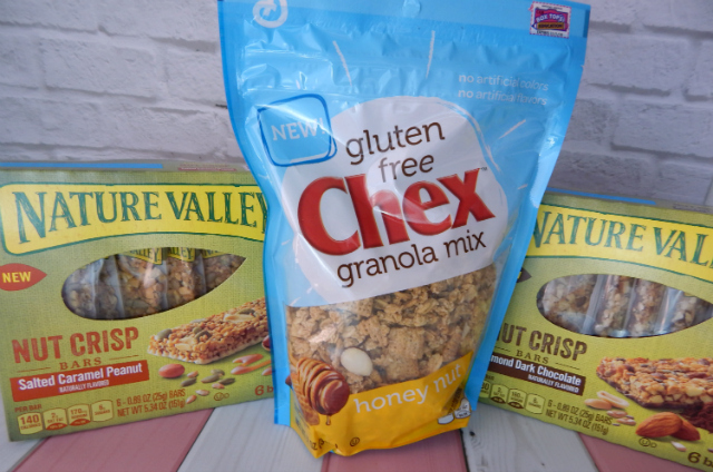Gluten Free Chex Granola Mix, Nature Valley Sweet Caramel Peanut Nut Crisp Bars and Nature Valley Almond Dark Chocolate Nut Crisp Bars are all Heart Healthy